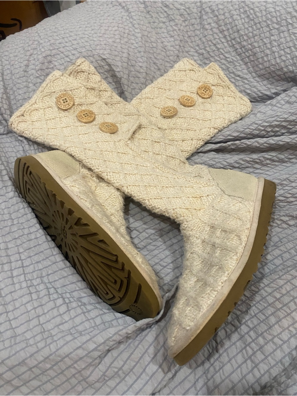UGG Cream Knit Button-Accent Heeled Boots
